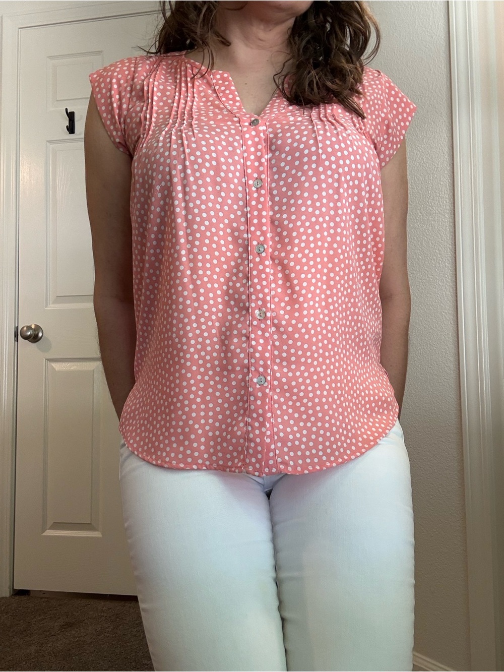 Polka Dot Cap-Sleeve Blouse in Coral Pink